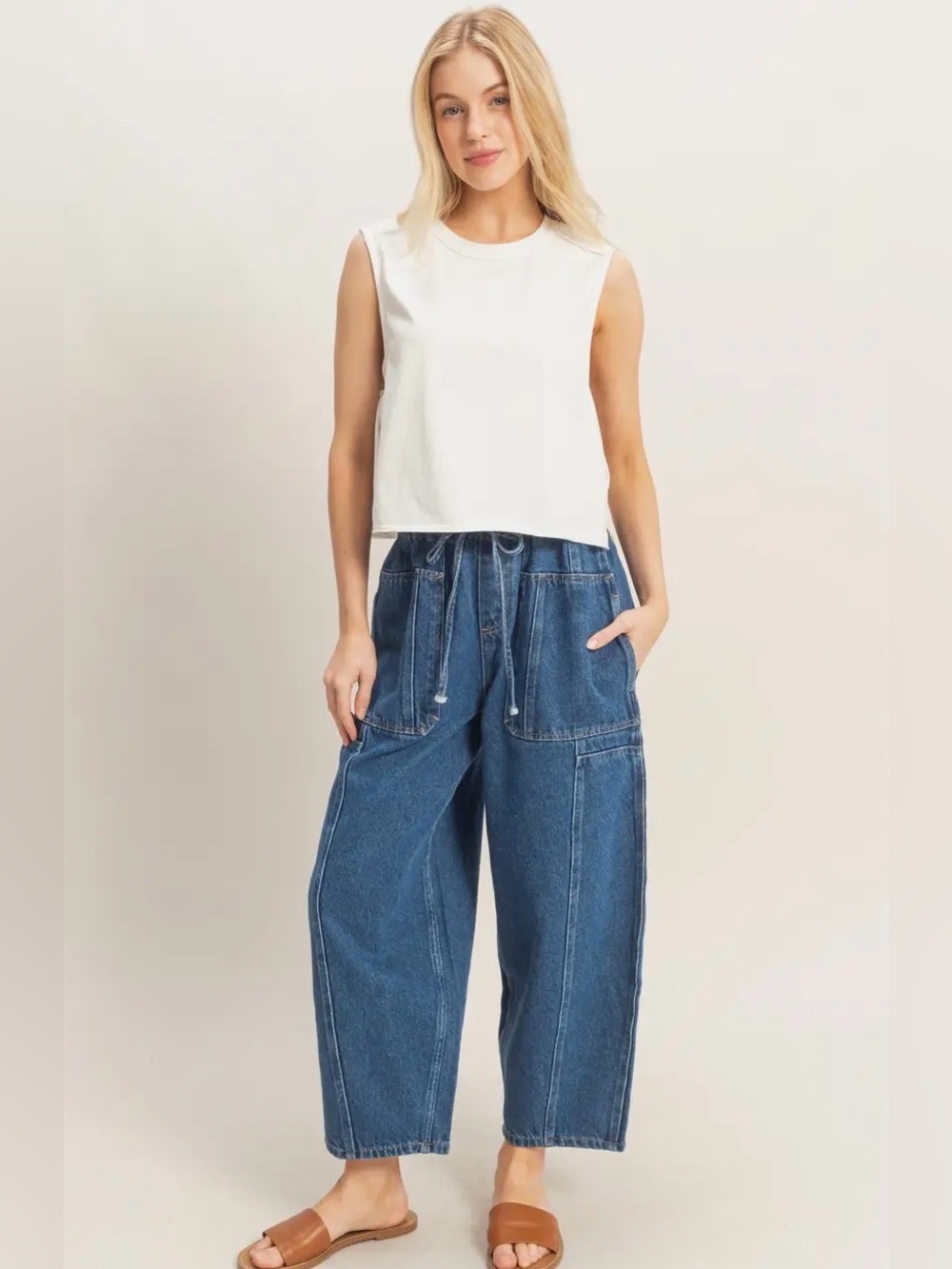 HYFVE Dark Blue Denim Wide-Leg Cropped Jeans with Drawstring